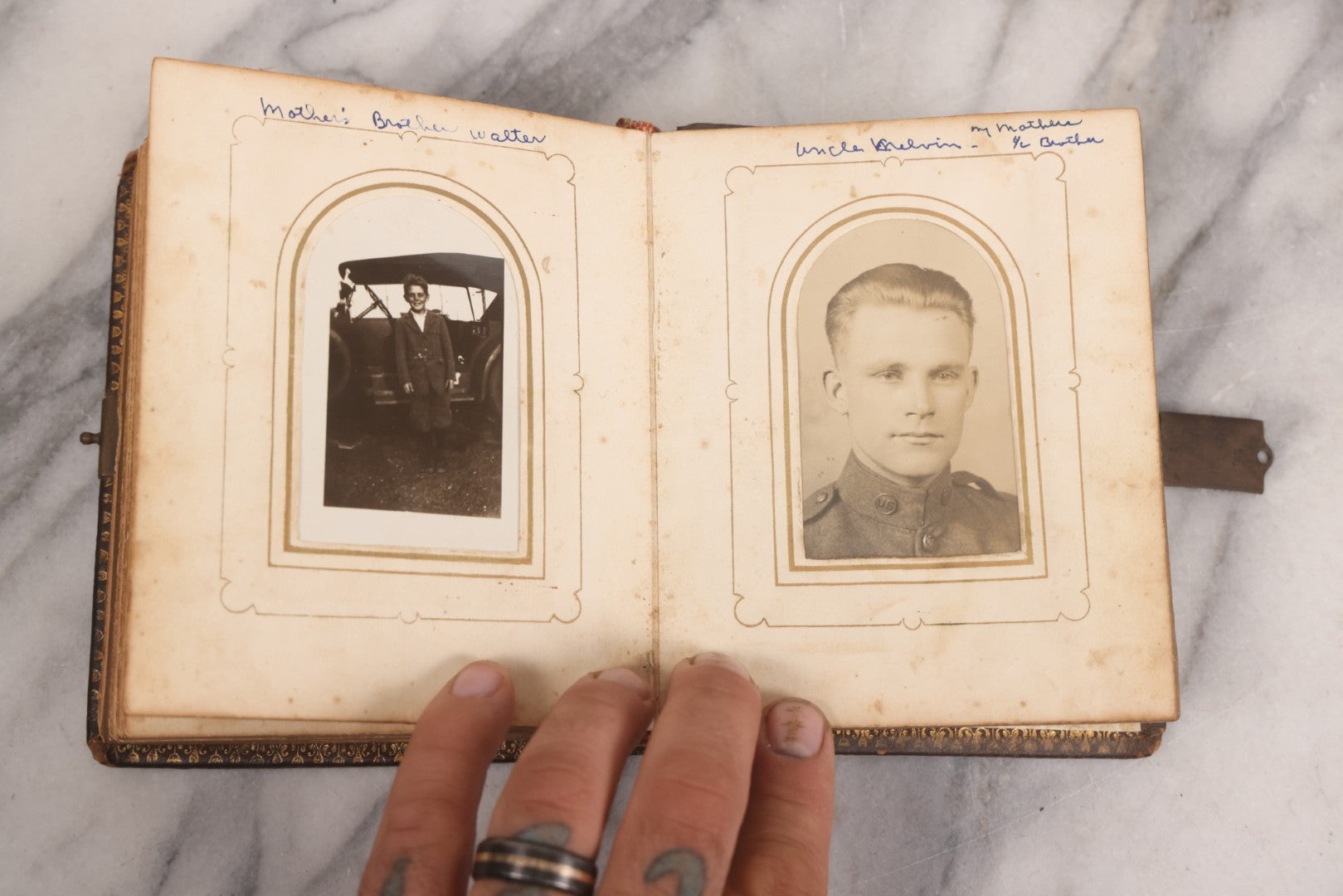 Lot 086 - Antique Family Photo Album With Mostly Trimmed Real Photo Postcards R.P.P.C., Snapshots, And Other Photos, With 26 Photos In All, Including Girl With Doll, Soldier, Woman With Dog, And Others, Most Identified