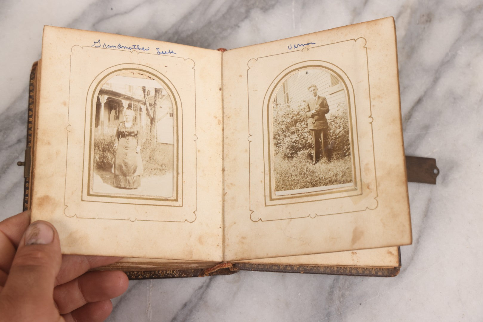 Lot 086 - Antique Family Photo Album With Mostly Trimmed Real Photo Postcards R.P.P.C., Snapshots, And Other Photos, With 26 Photos In All, Including Girl With Doll, Soldier, Woman With Dog, And Others, Most Identified