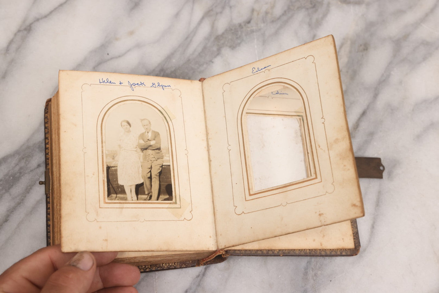 Lot 086 - Antique Family Photo Album With Mostly Trimmed Real Photo Postcards R.P.P.C., Snapshots, And Other Photos, With 26 Photos In All, Including Girl With Doll, Soldier, Woman With Dog, And Others, Most Identified