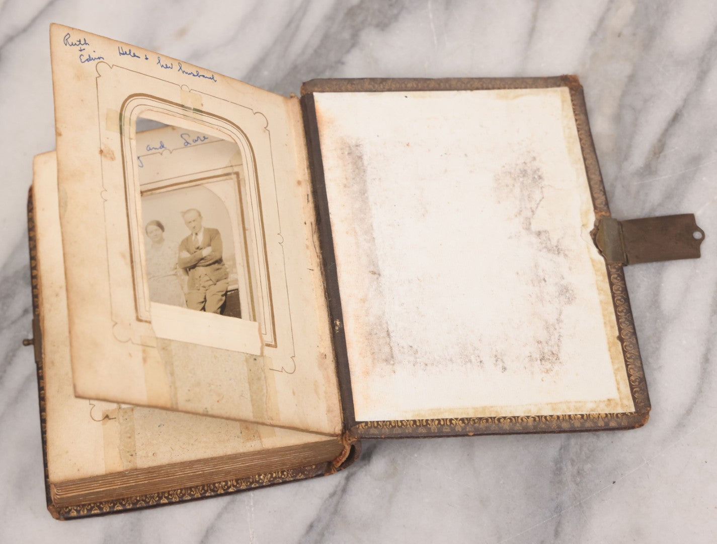 Lot 086 - Antique Family Photo Album With Mostly Trimmed Real Photo Postcards R.P.P.C., Snapshots, And Other Photos, With 26 Photos In All, Including Girl With Doll, Soldier, Woman With Dog, And Others, Most Identified