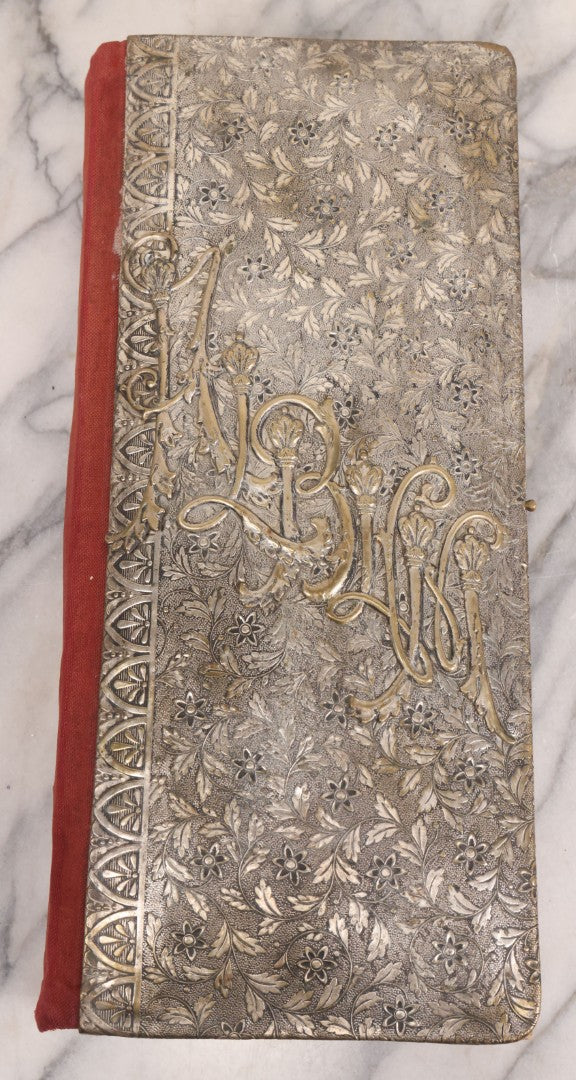 Lot 087 - Antique Cabinet Card Photo Album With Pressed Metal Cover, Floral Design, Raised Decorative Metal Album Lettering, Red Fabric Back Cover, Containing 58 Cabinet Card Photos Including Boy with Bicycle, Knights Templar, and Woman in Mourning