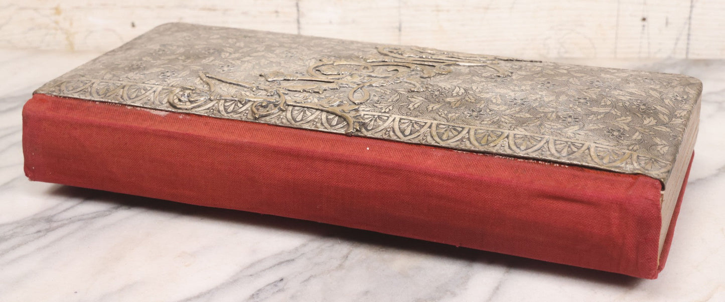 Lot 087 - Antique Cabinet Card Photo Album With Pressed Metal Cover, Floral Design, Raised Decorative Metal Album Lettering, Red Fabric Back Cover, Containing 58 Cabinet Card Photos Including Boy with Bicycle, Knights Templar, and Woman in Mourning