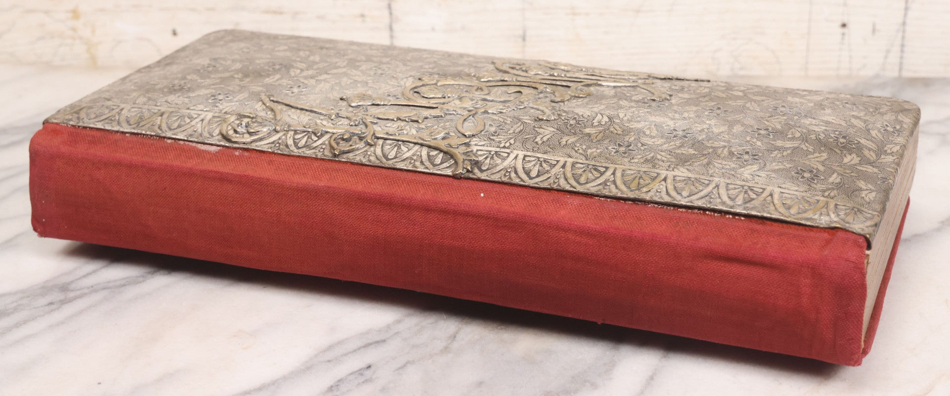 Lot 087 - Antique Cabinet Card Photo Album With Pressed Metal Cover, Floral Design, Raised Decorative Metal Album Lettering, Red Fabric Back Cover, Containing 58 Cabinet Card Photos Including Boy with Bicycle, Knights Templar, and Woman in Mourning