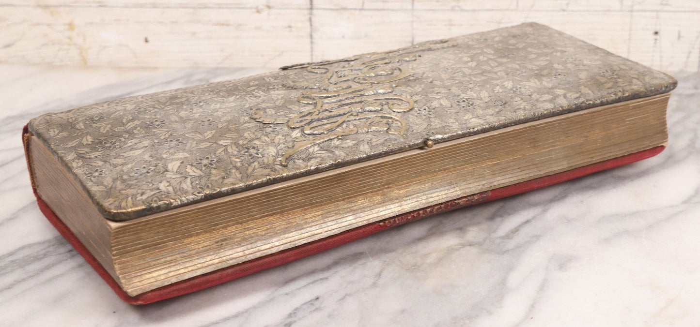 Lot 087 - Antique Cabinet Card Photo Album With Pressed Metal Cover, Floral Design, Raised Decorative Metal Album Lettering, Red Fabric Back Cover, Containing 58 Cabinet Card Photos Including Boy with Bicycle, Knights Templar, and Woman in Mourning