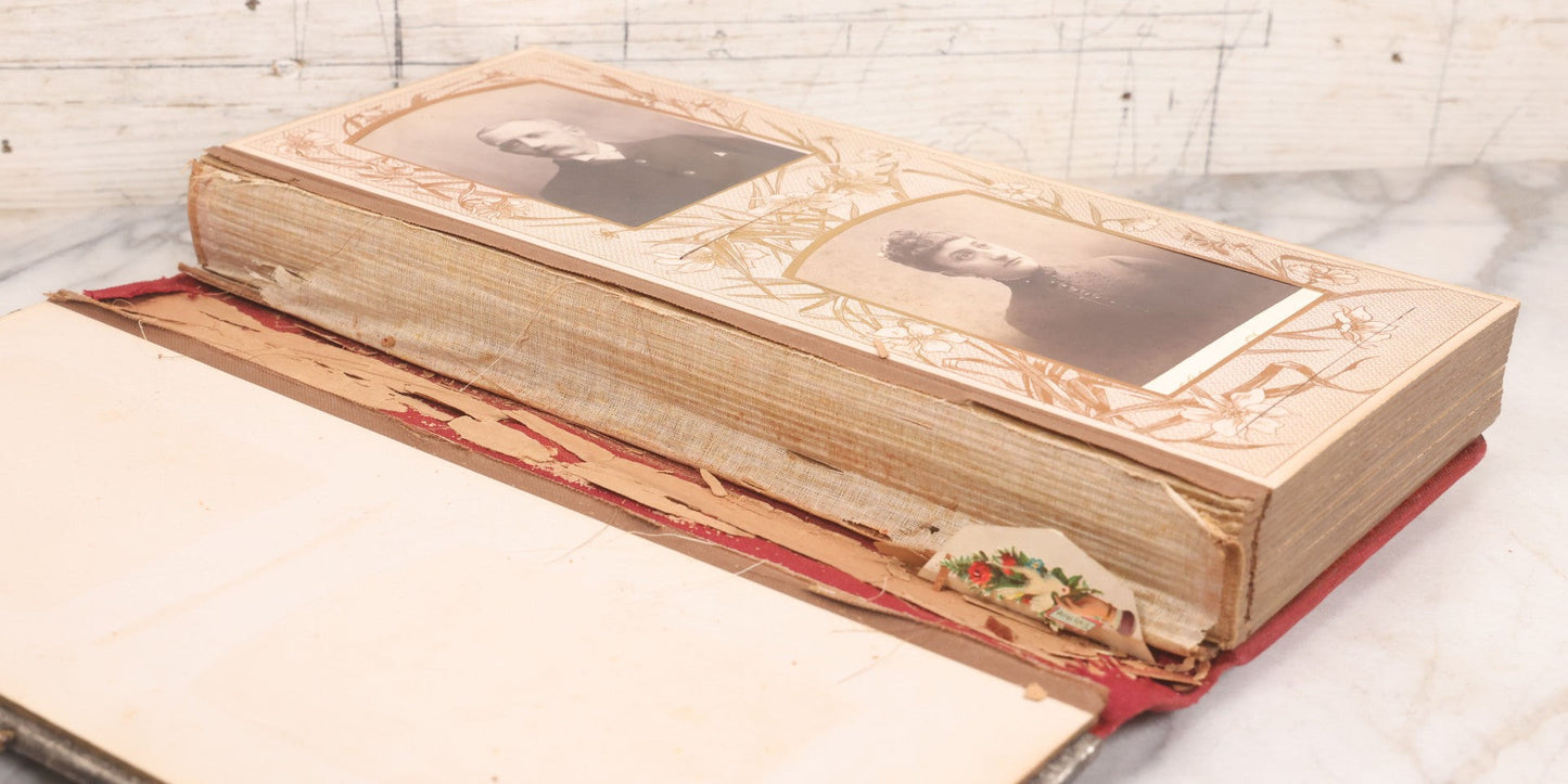 Lot 087 - Antique Cabinet Card Photo Album With Pressed Metal Cover, Floral Design, Raised Decorative Metal Album Lettering, Red Fabric Back Cover, Containing 58 Cabinet Card Photos Including Boy with Bicycle, Knights Templar, and Woman in Mourning