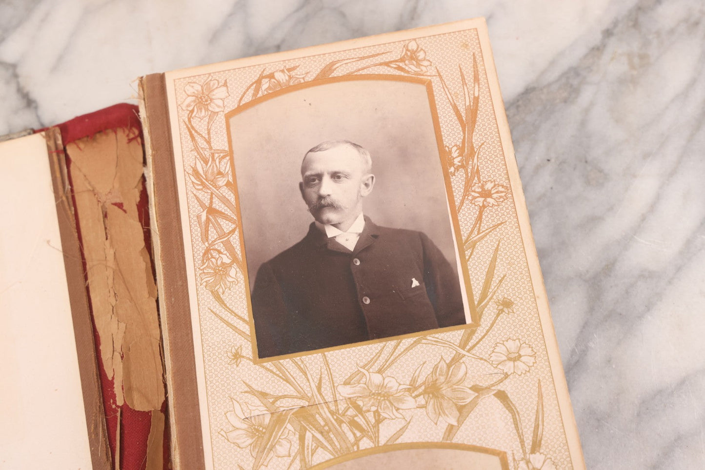 Lot 087 - Antique Cabinet Card Photo Album With Pressed Metal Cover, Floral Design, Raised Decorative Metal Album Lettering, Red Fabric Back Cover, Containing 58 Cabinet Card Photos Including Boy with Bicycle, Knights Templar, and Woman in Mourning