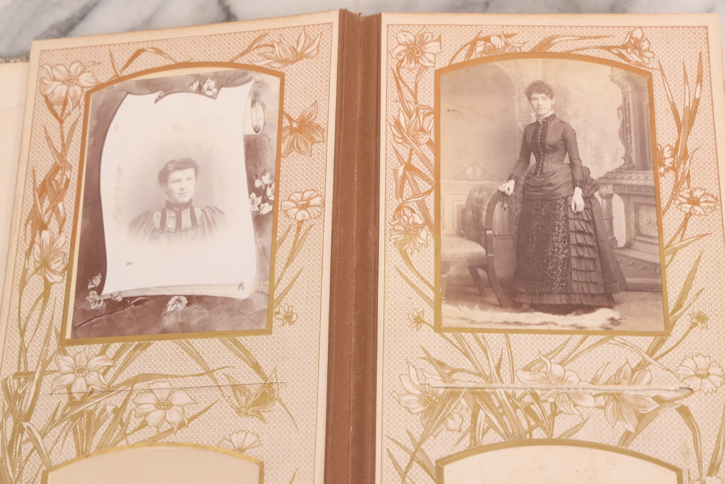 Lot 087 - Antique Cabinet Card Photo Album With Pressed Metal Cover, Floral Design, Raised Decorative Metal Album Lettering, Red Fabric Back Cover, Containing 58 Cabinet Card Photos Including Boy with Bicycle, Knights Templar, and Woman in Mourning