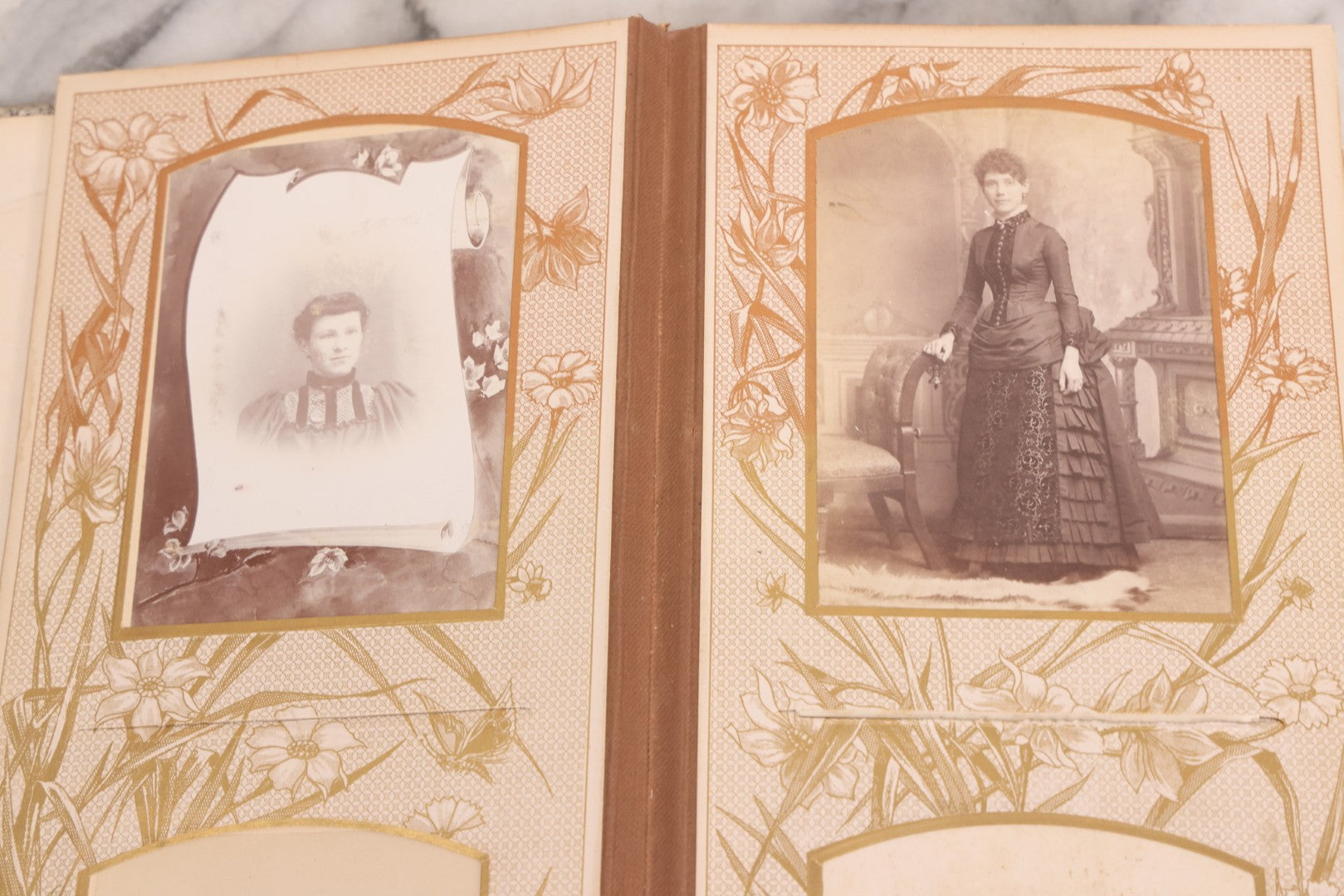 Lot 087 - Antique Cabinet Card Photo Album With Pressed Metal Cover, Floral Design, Raised Decorative Metal Album Lettering, Red Fabric Back Cover, Containing 58 Cabinet Card Photos Including Boy with Bicycle, Knights Templar, and Woman in Mourning