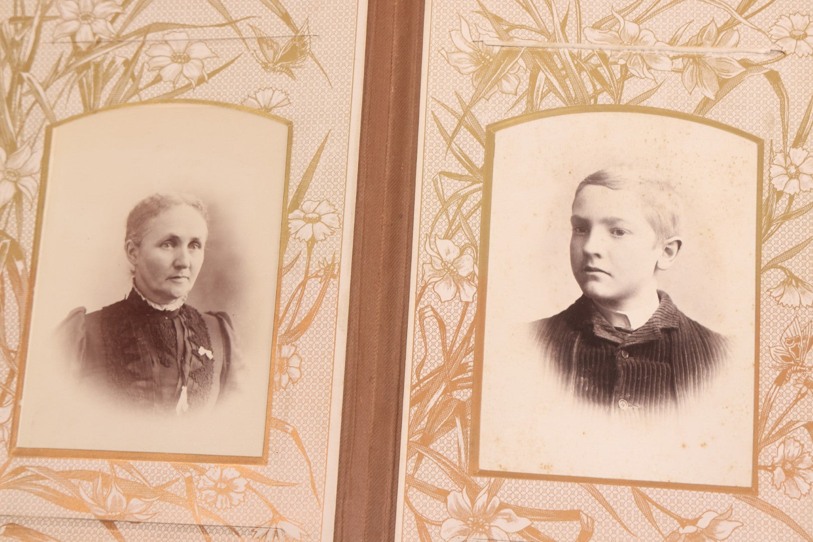 Lot 087 - Antique Cabinet Card Photo Album With Pressed Metal Cover, Floral Design, Raised Decorative Metal Album Lettering, Red Fabric Back Cover, Containing 58 Cabinet Card Photos Including Boy with Bicycle, Knights Templar, and Woman in Mourning