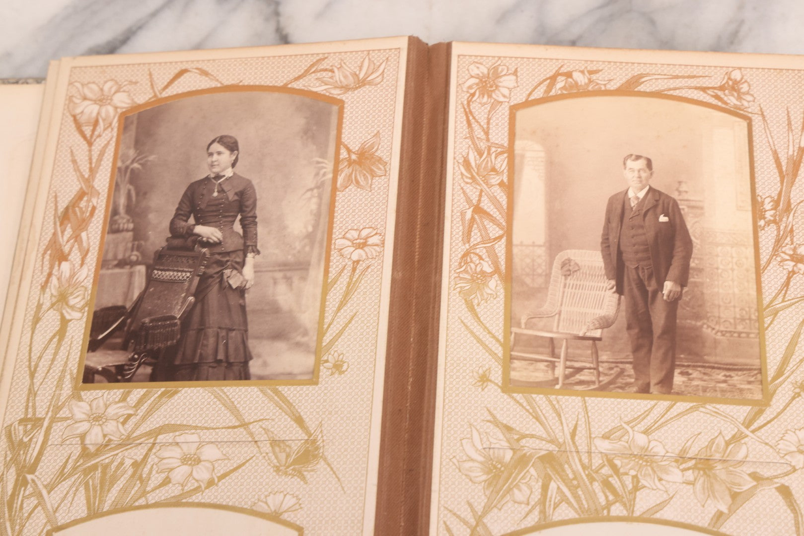 Lot 087 - Antique Cabinet Card Photo Album With Pressed Metal Cover, Floral Design, Raised Decorative Metal Album Lettering, Red Fabric Back Cover, Containing 58 Cabinet Card Photos Including Boy with Bicycle, Knights Templar, and Woman in Mourning