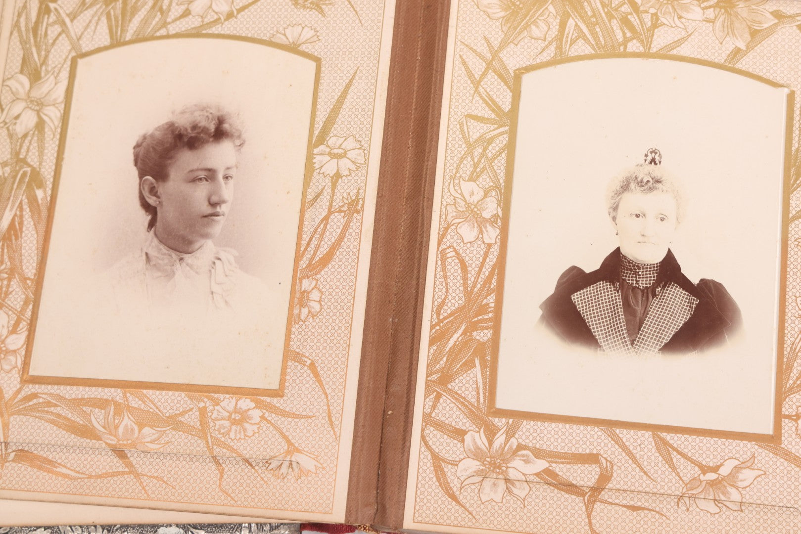 Lot 087 - Antique Cabinet Card Photo Album With Pressed Metal Cover, Floral Design, Raised Decorative Metal Album Lettering, Red Fabric Back Cover, Containing 58 Cabinet Card Photos Including Boy with Bicycle, Knights Templar, and Woman in Mourning