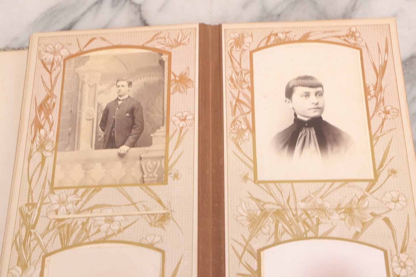 Lot 087 - Antique Cabinet Card Photo Album With Pressed Metal Cover, Floral Design, Raised Decorative Metal Album Lettering, Red Fabric Back Cover, Containing 58 Cabinet Card Photos Including Boy with Bicycle, Knights Templar, and Woman in Mourning