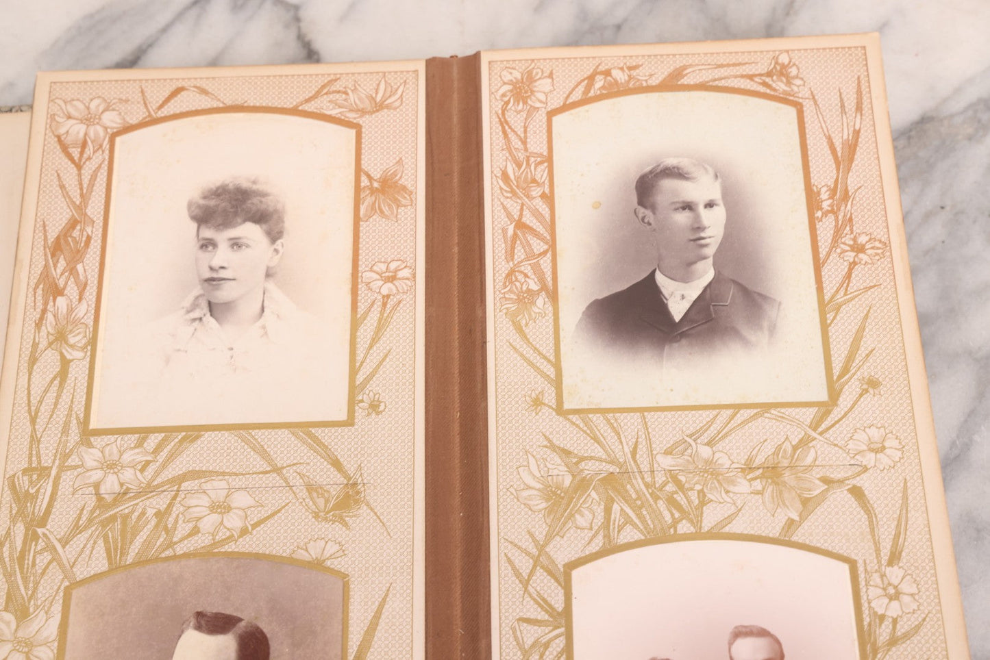 Lot 087 - Antique Cabinet Card Photo Album With Pressed Metal Cover, Floral Design, Raised Decorative Metal Album Lettering, Red Fabric Back Cover, Containing 58 Cabinet Card Photos Including Boy with Bicycle, Knights Templar, and Woman in Mourning