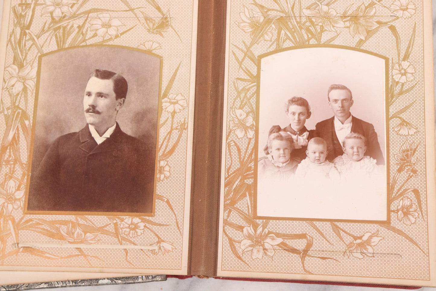 Lot 087 - Antique Cabinet Card Photo Album With Pressed Metal Cover, Floral Design, Raised Decorative Metal Album Lettering, Red Fabric Back Cover, Containing 58 Cabinet Card Photos Including Boy with Bicycle, Knights Templar, and Woman in Mourning