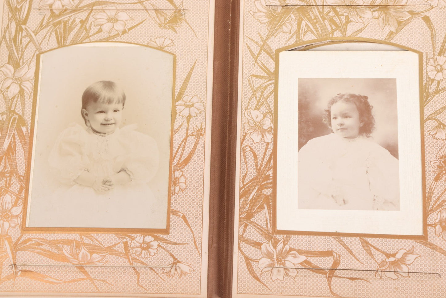 Lot 087 - Antique Cabinet Card Photo Album With Pressed Metal Cover, Floral Design, Raised Decorative Metal Album Lettering, Red Fabric Back Cover, Containing 58 Cabinet Card Photos Including Boy with Bicycle, Knights Templar, and Woman in Mourning