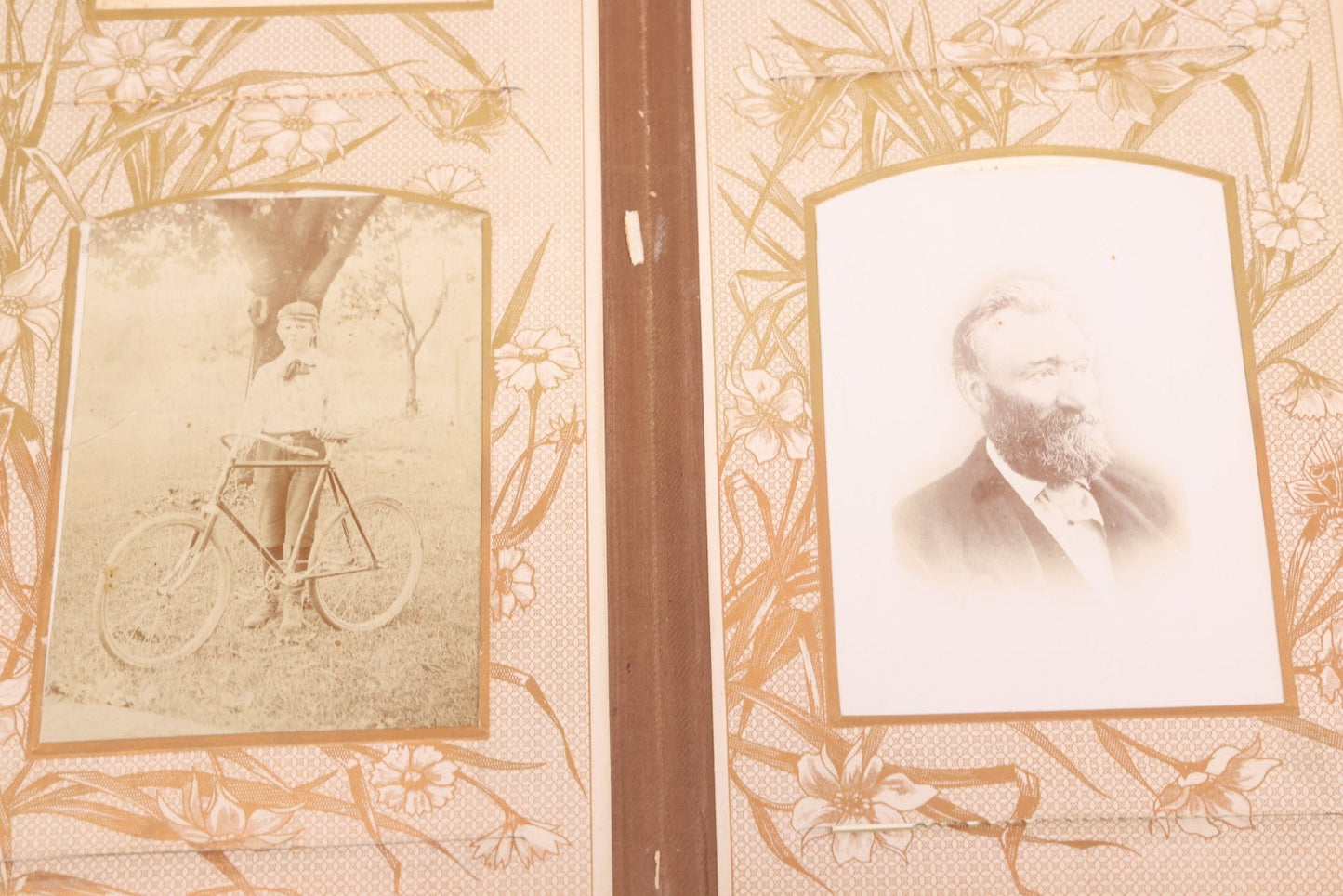 Lot 087 - Antique Cabinet Card Photo Album With Pressed Metal Cover, Floral Design, Raised Decorative Metal Album Lettering, Red Fabric Back Cover, Containing 58 Cabinet Card Photos Including Boy with Bicycle, Knights Templar, and Woman in Mourning