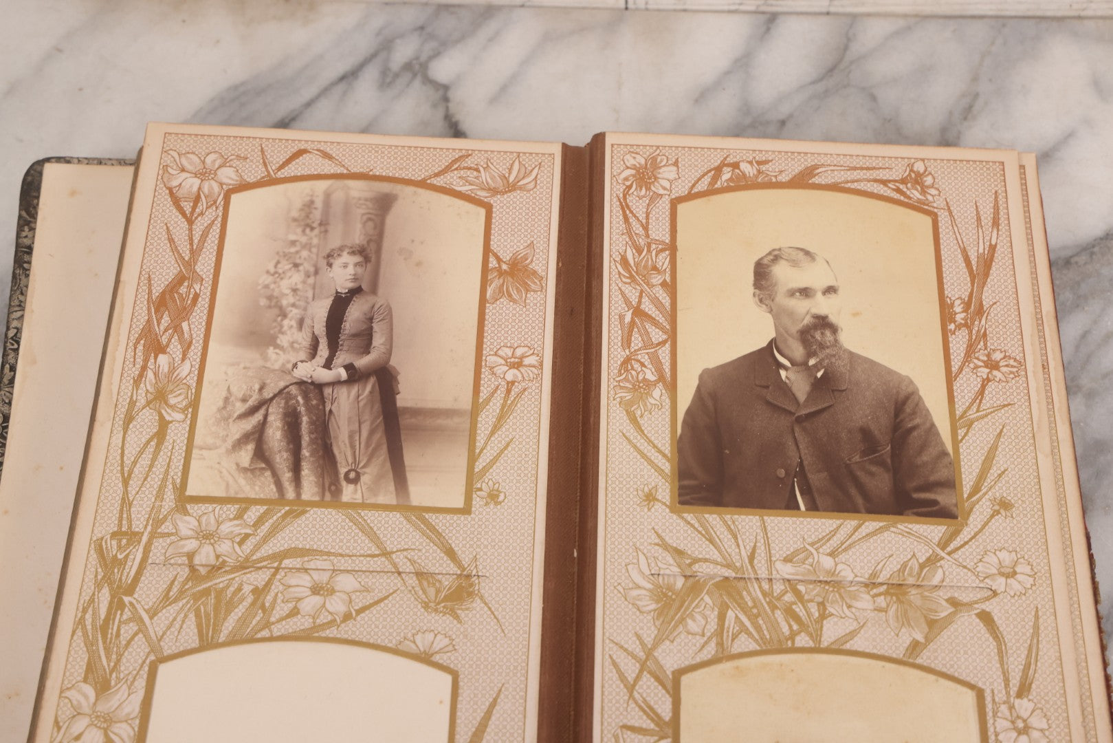 Lot 087 - Antique Cabinet Card Photo Album With Pressed Metal Cover, Floral Design, Raised Decorative Metal Album Lettering, Red Fabric Back Cover, Containing 58 Cabinet Card Photos Including Boy with Bicycle, Knights Templar, and Woman in Mourning