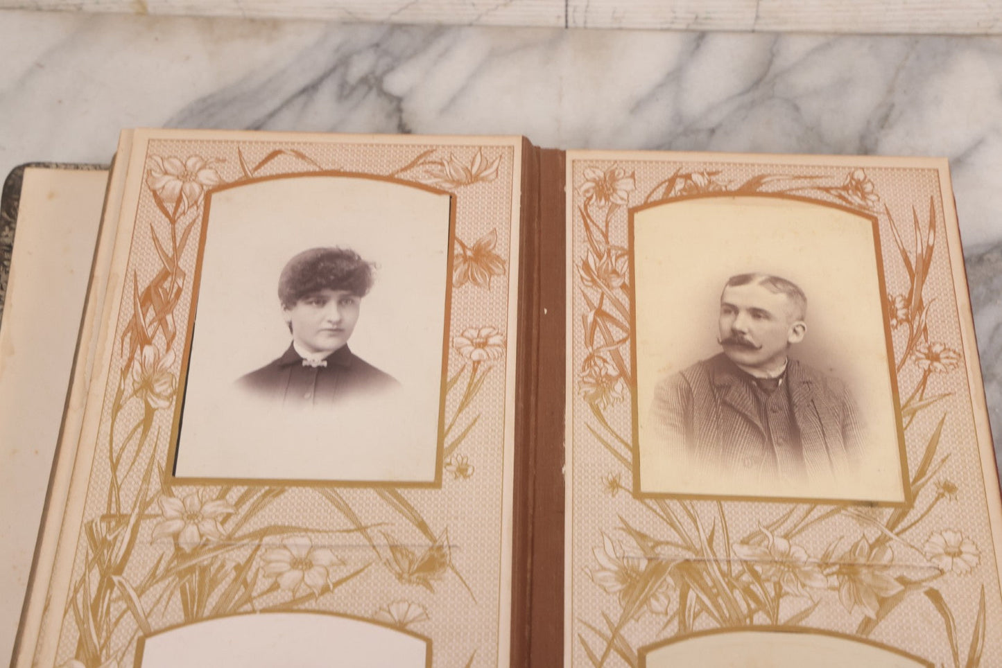 Lot 087 - Antique Cabinet Card Photo Album With Pressed Metal Cover, Floral Design, Raised Decorative Metal Album Lettering, Red Fabric Back Cover, Containing 58 Cabinet Card Photos Including Boy with Bicycle, Knights Templar, and Woman in Mourning