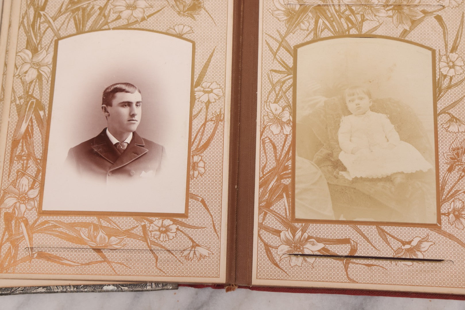 Lot 087 - Antique Cabinet Card Photo Album With Pressed Metal Cover, Floral Design, Raised Decorative Metal Album Lettering, Red Fabric Back Cover, Containing 58 Cabinet Card Photos Including Boy with Bicycle, Knights Templar, and Woman in Mourning