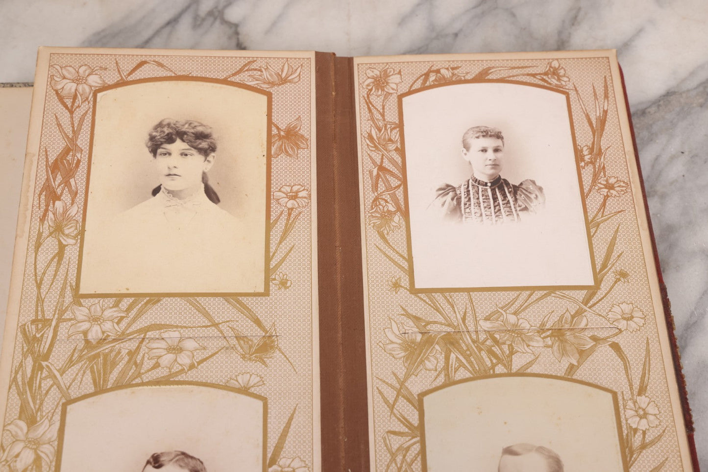 Lot 087 - Antique Cabinet Card Photo Album With Pressed Metal Cover, Floral Design, Raised Decorative Metal Album Lettering, Red Fabric Back Cover, Containing 58 Cabinet Card Photos Including Boy with Bicycle, Knights Templar, and Woman in Mourning