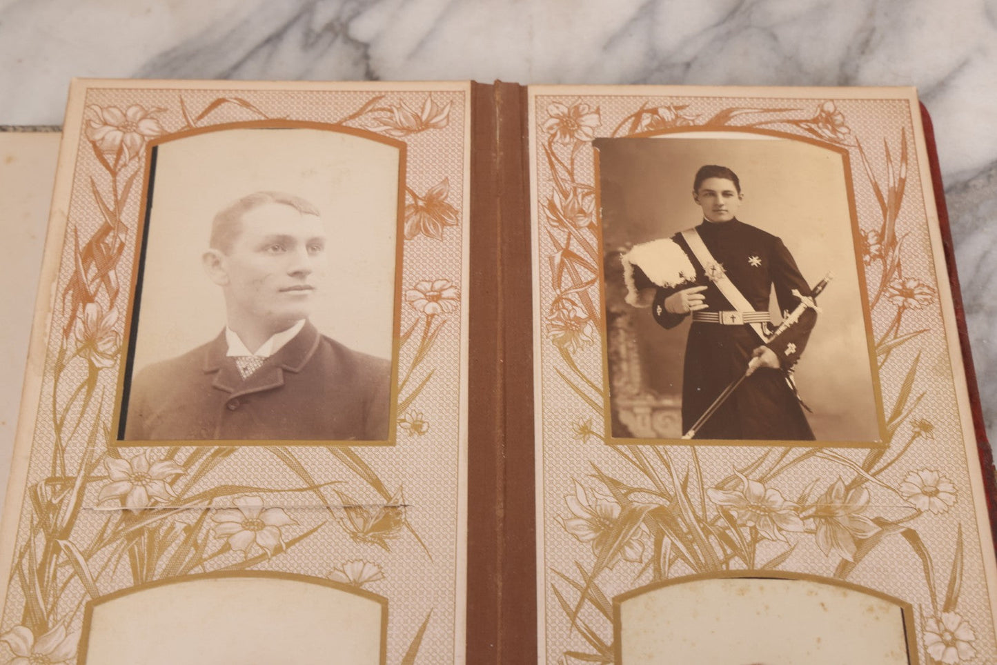 Lot 087 - Antique Cabinet Card Photo Album With Pressed Metal Cover, Floral Design, Raised Decorative Metal Album Lettering, Red Fabric Back Cover, Containing 58 Cabinet Card Photos Including Boy with Bicycle, Knights Templar, and Woman in Mourning