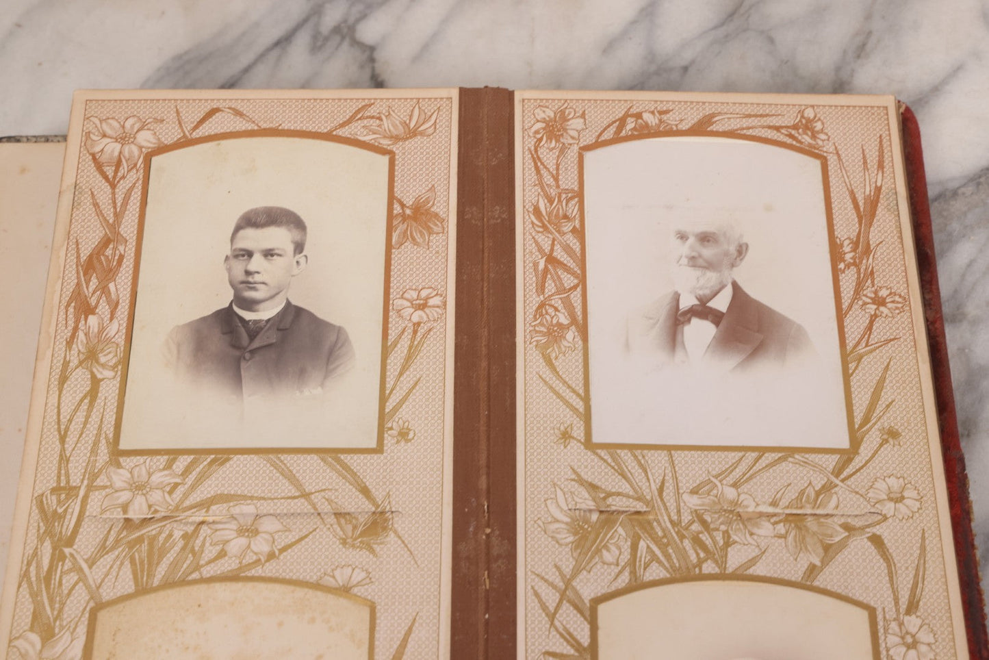 Lot 087 - Antique Cabinet Card Photo Album With Pressed Metal Cover, Floral Design, Raised Decorative Metal Album Lettering, Red Fabric Back Cover, Containing 58 Cabinet Card Photos Including Boy with Bicycle, Knights Templar, and Woman in Mourning