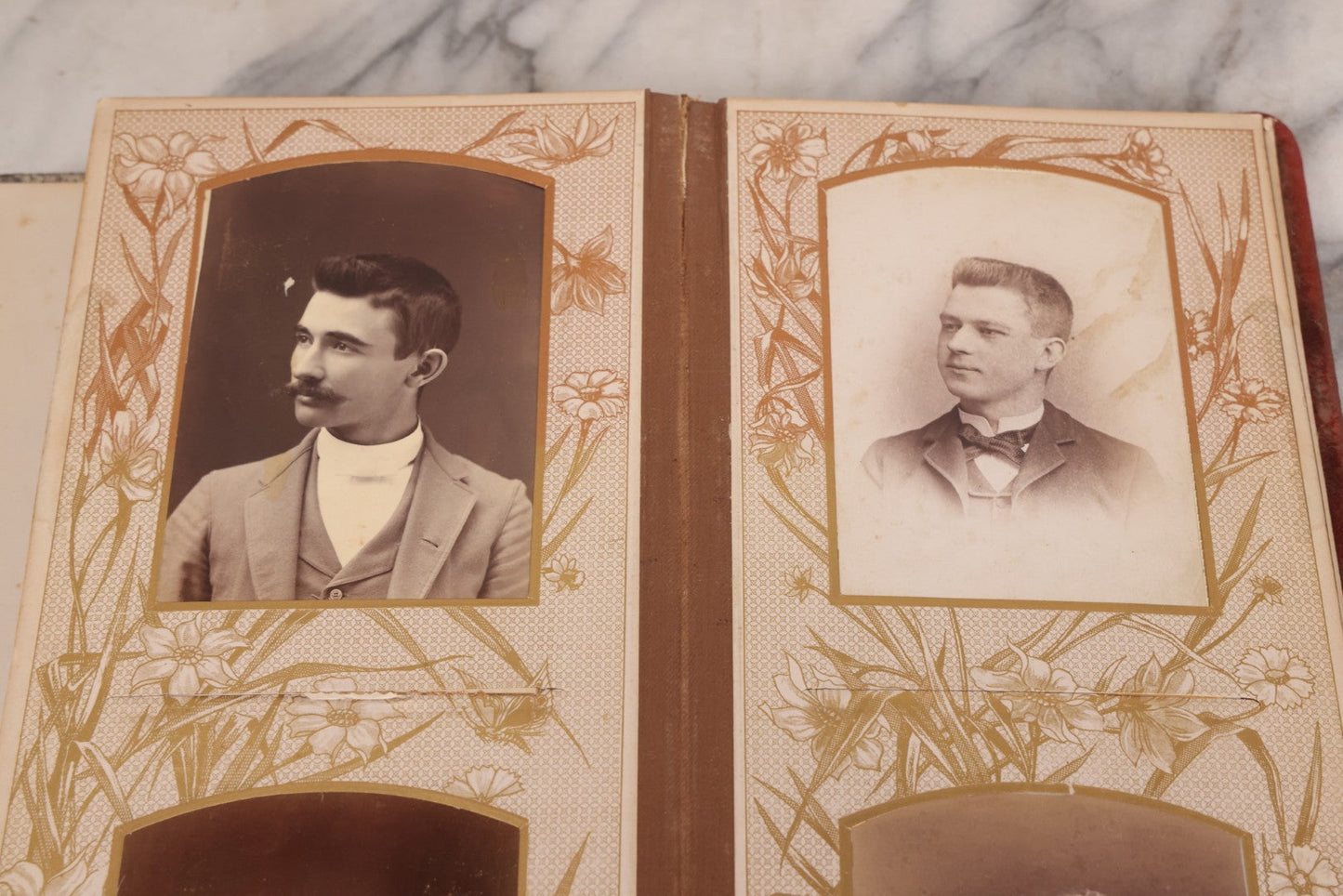 Lot 087 - Antique Cabinet Card Photo Album With Pressed Metal Cover, Floral Design, Raised Decorative Metal Album Lettering, Red Fabric Back Cover, Containing 58 Cabinet Card Photos Including Boy with Bicycle, Knights Templar, and Woman in Mourning