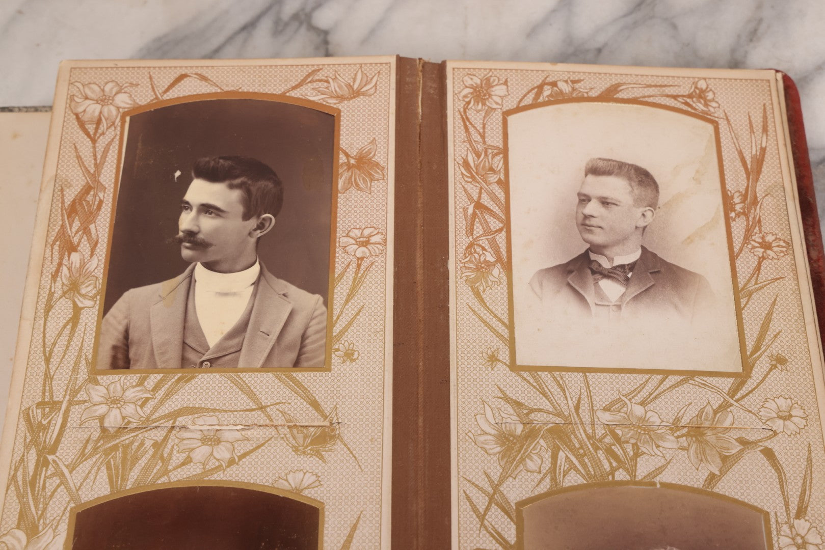 Lot 087 - Antique Cabinet Card Photo Album With Pressed Metal Cover, Floral Design, Raised Decorative Metal Album Lettering, Red Fabric Back Cover, Containing 58 Cabinet Card Photos Including Boy with Bicycle, Knights Templar, and Woman in Mourning