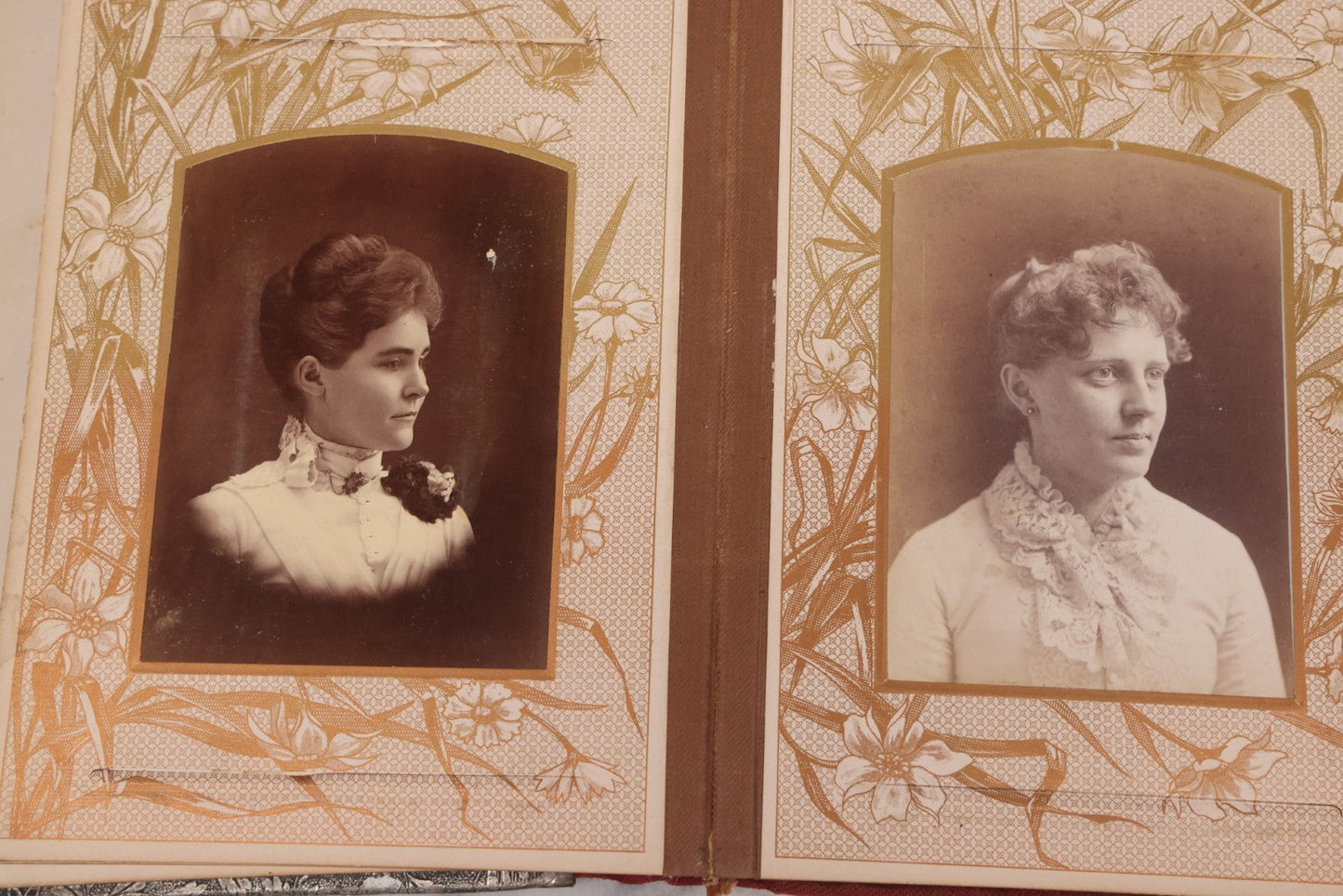 Lot 087 - Antique Cabinet Card Photo Album With Pressed Metal Cover, Floral Design, Raised Decorative Metal Album Lettering, Red Fabric Back Cover, Containing 58 Cabinet Card Photos Including Boy with Bicycle, Knights Templar, and Woman in Mourning