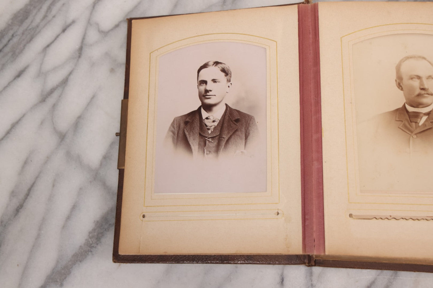 Lot 089 - Antique Leather Cabinet Card Photo Album With Engraved Metal Clasp "Bertha", Containing 6 Cabinet Card And 67 Carte De Visite C.D.V. Photos