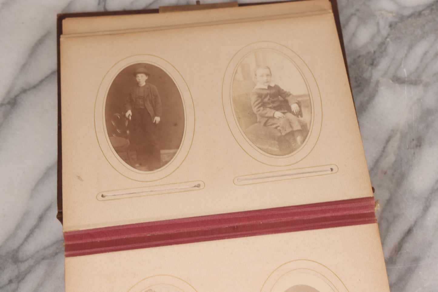 Lot 089 - Antique Leather Cabinet Card Photo Album With Engraved Metal Clasp "Bertha", Containing 6 Cabinet Card And 67 Carte De Visite C.D.V. Photos