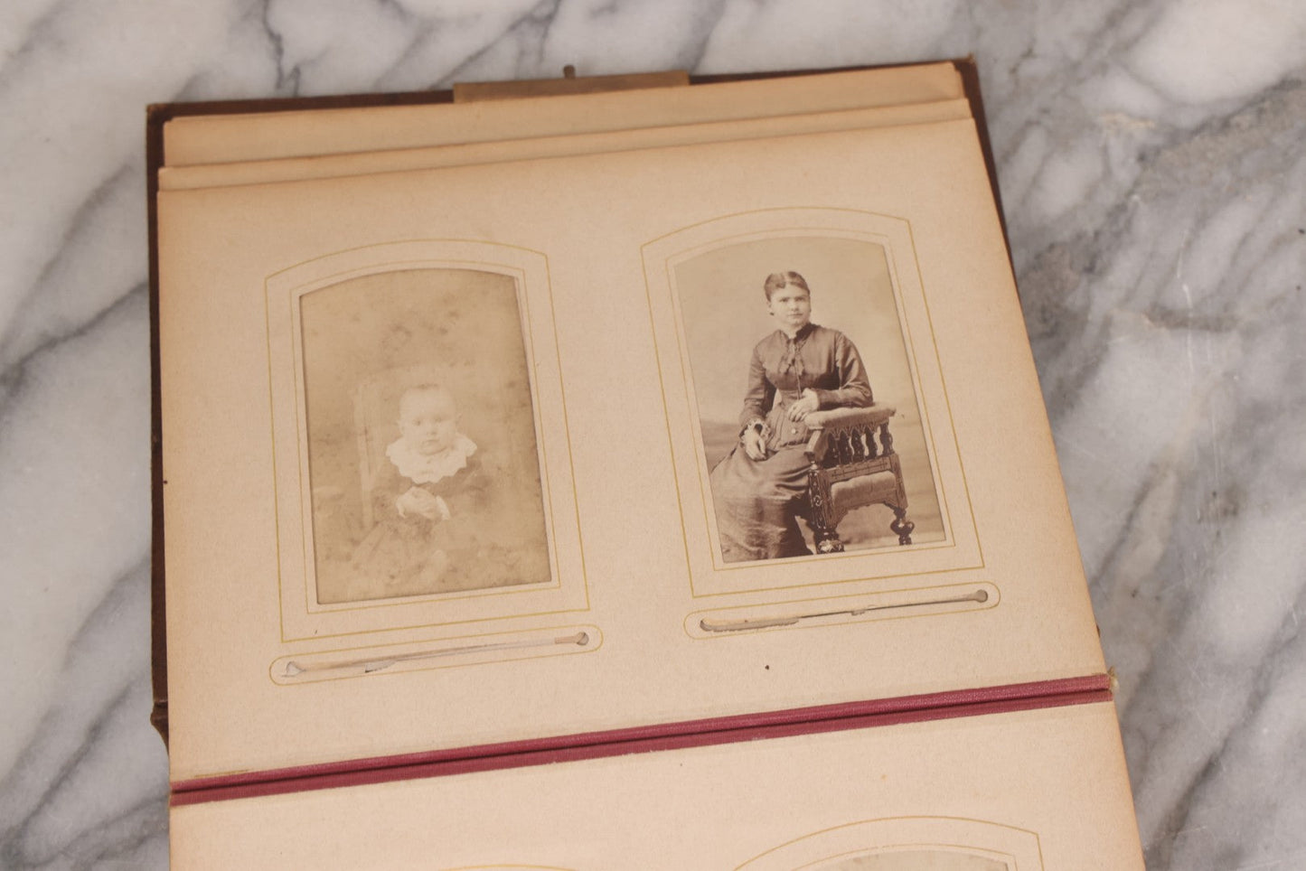 Lot 089 - Antique Leather Cabinet Card Photo Album With Engraved Metal Clasp "Bertha", Containing 6 Cabinet Card And 67 Carte De Visite C.D.V. Photos