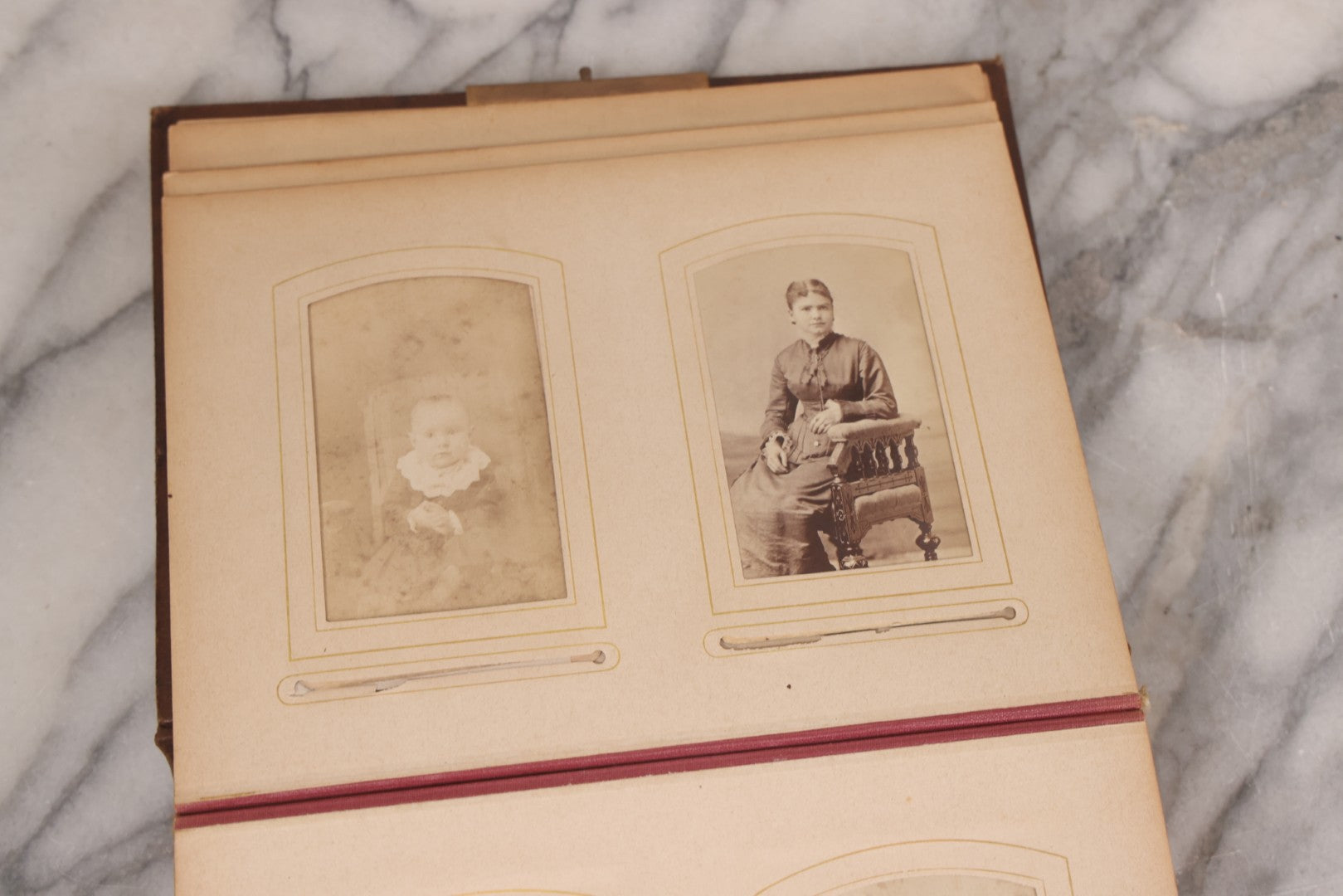 Lot 089 - Antique Leather Cabinet Card Photo Album With Engraved Metal Clasp "Bertha", Containing 6 Cabinet Card And 67 Carte De Visite C.D.V. Photos