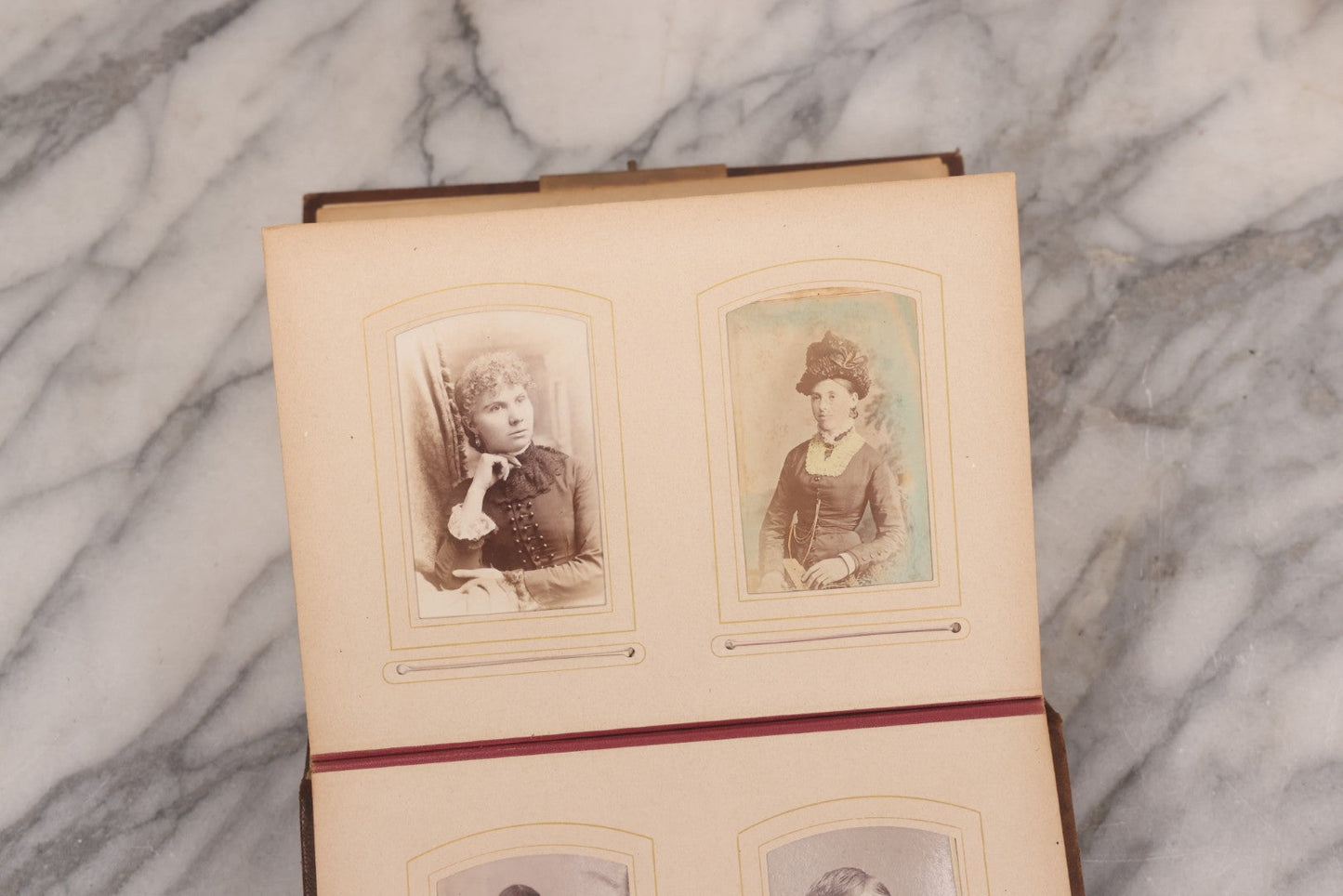 Lot 089 - Antique Leather Cabinet Card Photo Album With Engraved Metal Clasp "Bertha", Containing 6 Cabinet Card And 67 Carte De Visite C.D.V. Photos
