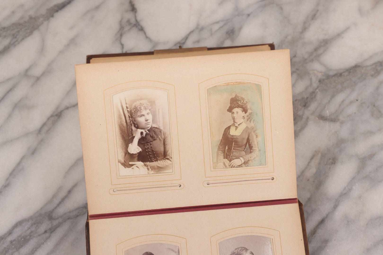 Lot 089 - Antique Leather Cabinet Card Photo Album With Engraved Metal Clasp "Bertha", Containing 6 Cabinet Card And 67 Carte De Visite C.D.V. Photos
