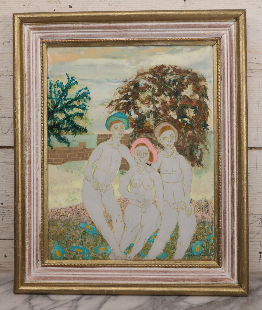 Lot 090 - Vintage Folk Art Reverse Painting On Plastic Sheet Of Nude Woman Posing With Two Nude Men In Yard With Brick Wall, Artist Signed W.N. Sloane, 1966, In Frame, 14-1/2" x 17-1/2" 