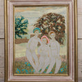 Lot 090 - Vintage Folk Art Reverse Painting On Plastic Sheet Of Nude Woman Posing With Two Nude Men In Yard With Brick Wall, Artist Signed W.N. Sloane, 1966, In Frame, 14-1/2" x 17-1/2"