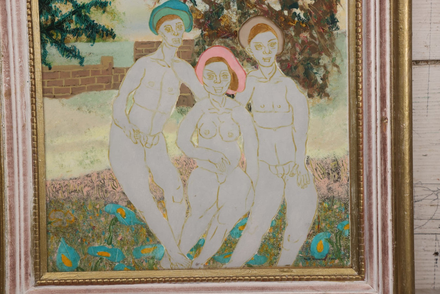 Lot 090 - Vintage Folk Art Reverse Painting On Plastic Sheet Of Nude Woman Posing With Two Nude Men In Yard With Brick Wall, Artist Signed W.N. Sloane, 1966, In Frame, 14-1/2" x 17-1/2" 