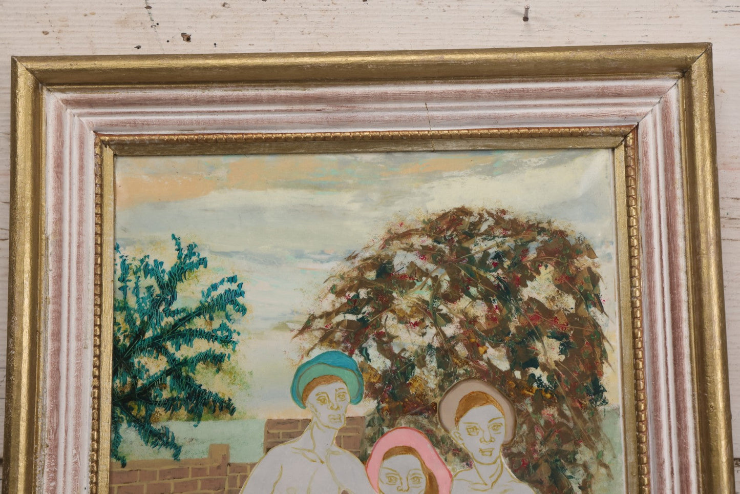 Lot 090 - Vintage Folk Art Reverse Painting On Plastic Sheet Of Nude Woman Posing With Two Nude Men In Yard With Brick Wall, Artist Signed W.N. Sloane, 1966, In Frame, 14-1/2" x 17-1/2" 