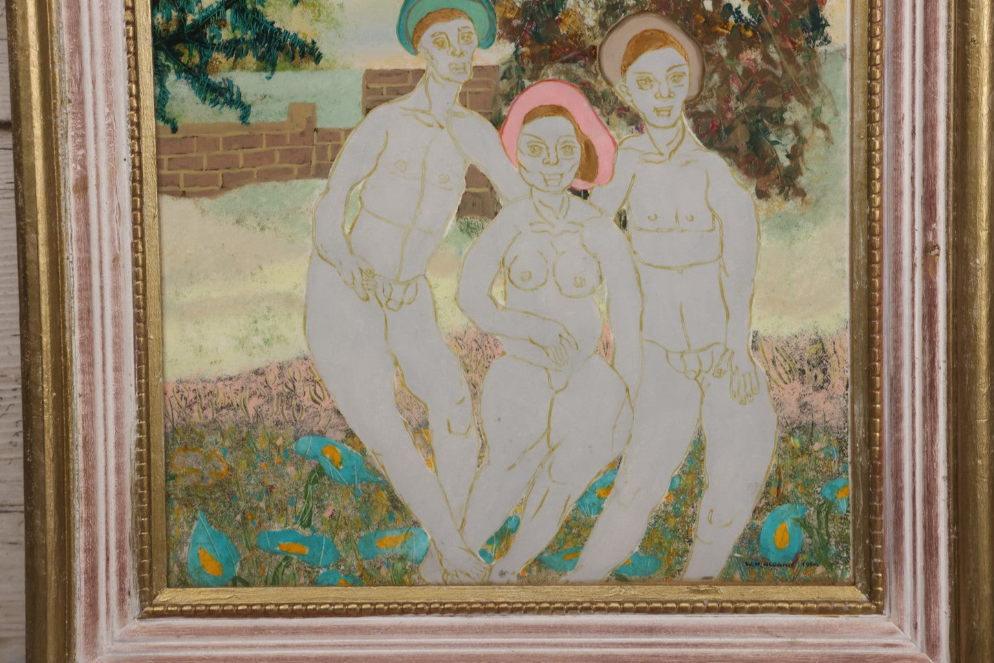 Lot 090 - Vintage Folk Art Reverse Painting On Plastic Sheet Of Nude Woman Posing With Two Nude Men In Yard With Brick Wall, Artist Signed W.N. Sloane, 1966, In Frame, 14-1/2" x 17-1/2" 