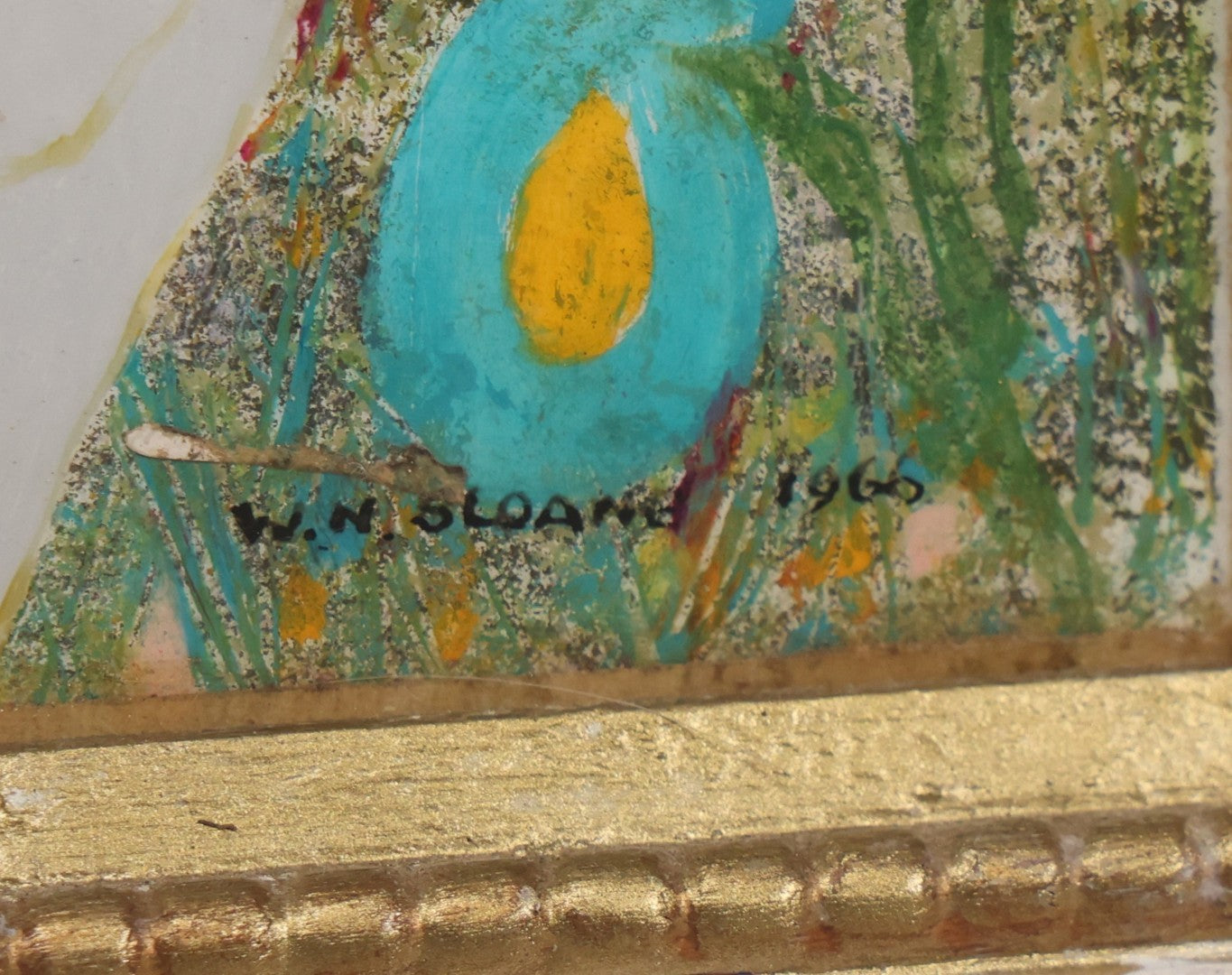 Lot 090 - Vintage Folk Art Reverse Painting On Plastic Sheet Of Nude Woman Posing With Two Nude Men In Yard With Brick Wall, Artist Signed W.N. Sloane, 1966, In Frame, 14-1/2" x 17-1/2" 