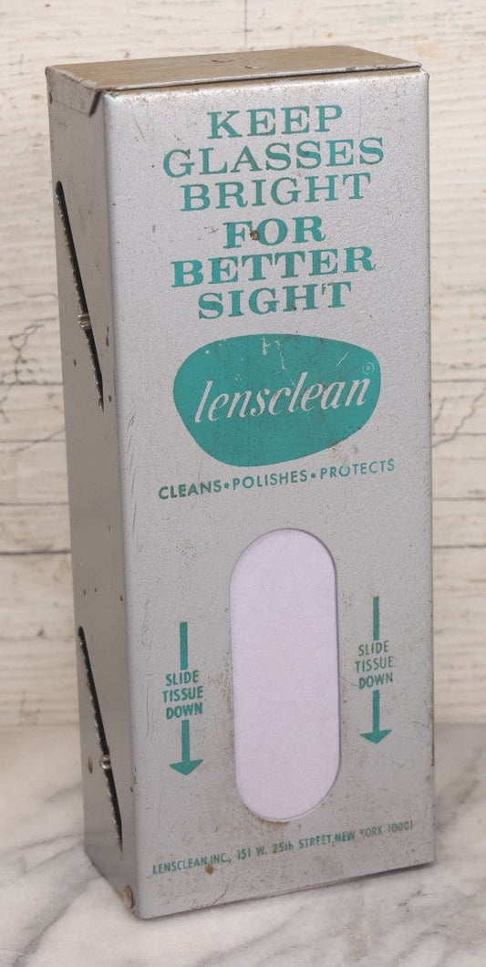 Lot 092 - Vintage Lens Clean Glasses Cleaning Tissue Paper Metal Dispenser Box, Includes 70+ Pieces Of Original Tissue, "Keeps Glasses Bright For Better Sight... Cleans Polishes Protects," Lens Clean Inc., New York