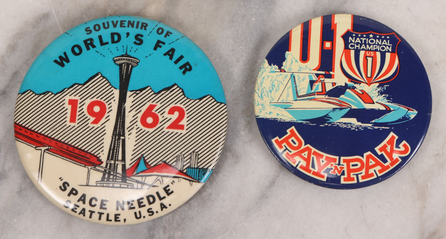 Lot 094 - Vintage Grouping Of 12 Buttons, Including Signed Jerry Hopp Button, "Super Salami" Racing Buttons, Vote For Kermit Button, Others