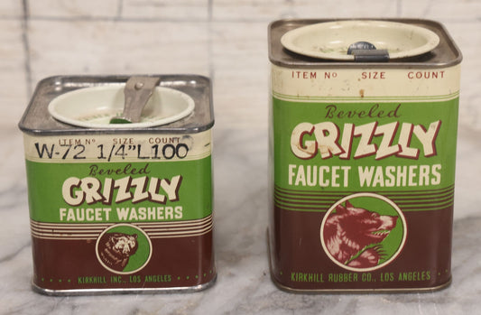 Lot 095 - Pair Of Vintage Grizzly Beveled Faucet Washers Tins, Two Sizes With Bear Graphics, With Contents, Kirkhill Rubber Co., Los Angeles, California, 2-3/8" and 3-1/4" Heights