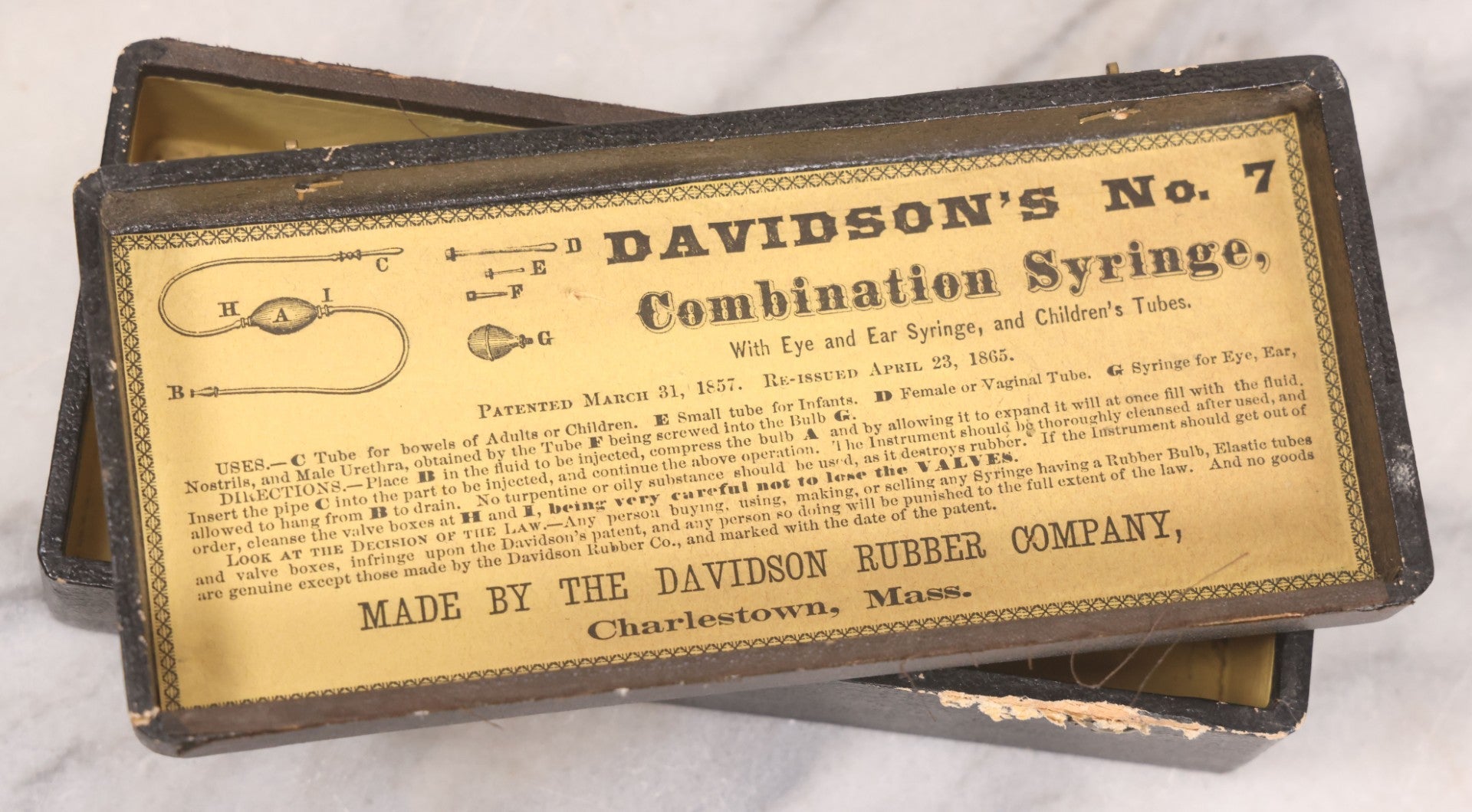Lot 097 - Antique Medical Syringe Box For Davidson's No. 7 Combination Syringe, With Paper Label On Interior Lid, Patented 1857, Re-Issued 1865, Made By The Davidson Rubber Company, Charlestown, Massachusetts, Note Empty, Cover Detached