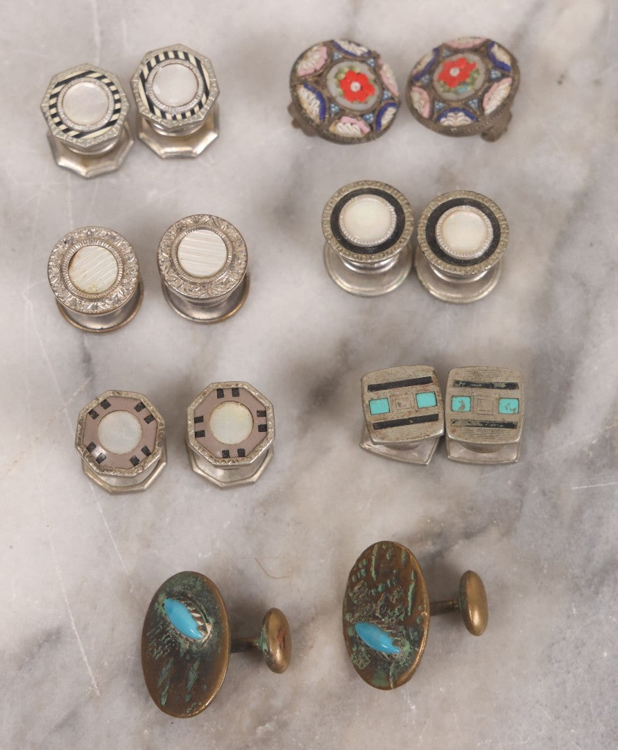 Lot 098 - Vintage Mixed Mens Cufflink Grouping With Seven Matched Pairs Including Micro Mosaic Pair, Two Pairs With Turquoise, And Others