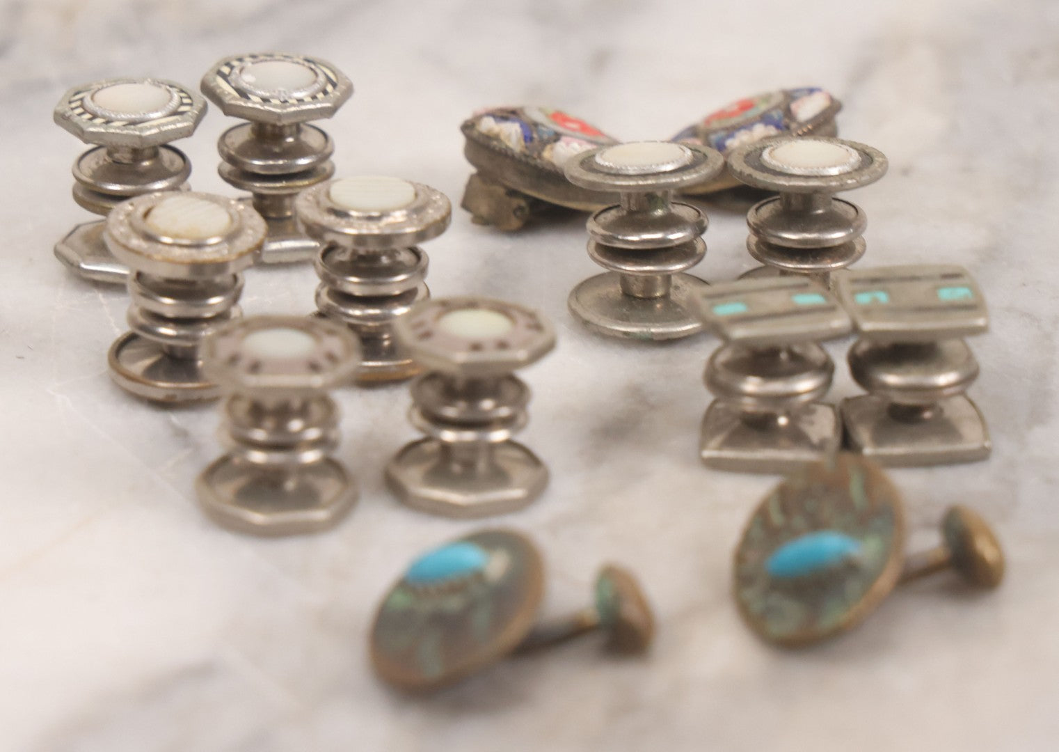 Lot 098 - Vintage Mixed Mens Cufflink Grouping With Seven Matched Pairs Including Micro Mosaic Pair, Two Pairs With Turquoise, And Others