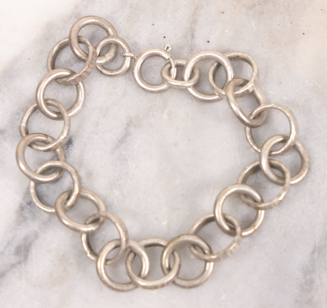Lot 101 - Vintage Sterling Silver Chain Link Bracelet With Smooth And Hammered Links, Hallmarked, Marked 925