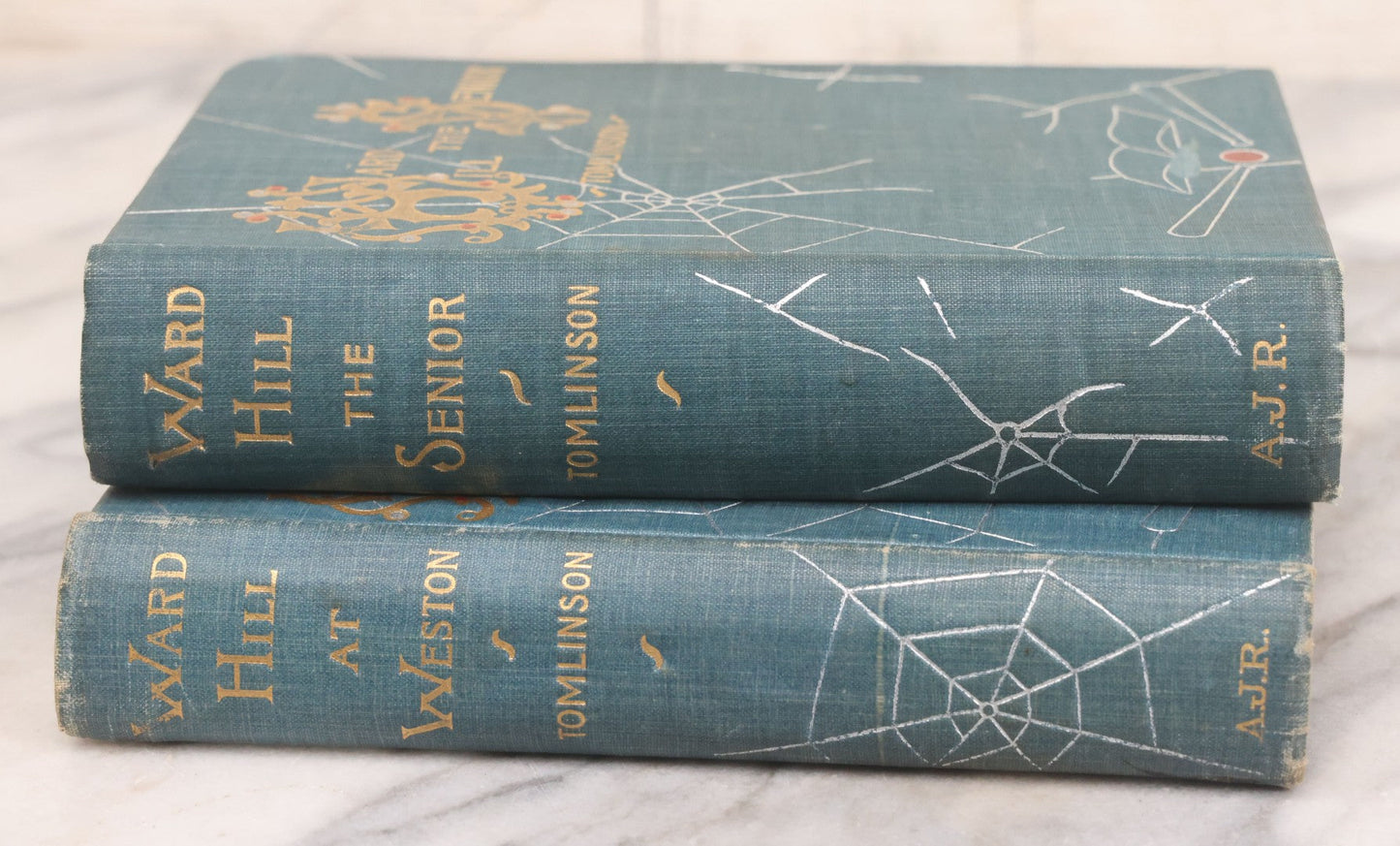 Lot 104 - Pair Of Antique Books With Spider Web Cover Designs, "Ward Hill The Senior" And "Ward Hill At Weston" Novels By Everett T. Tomlinson, A.J. Rowland, Publisher, Philadelphia, 1890s