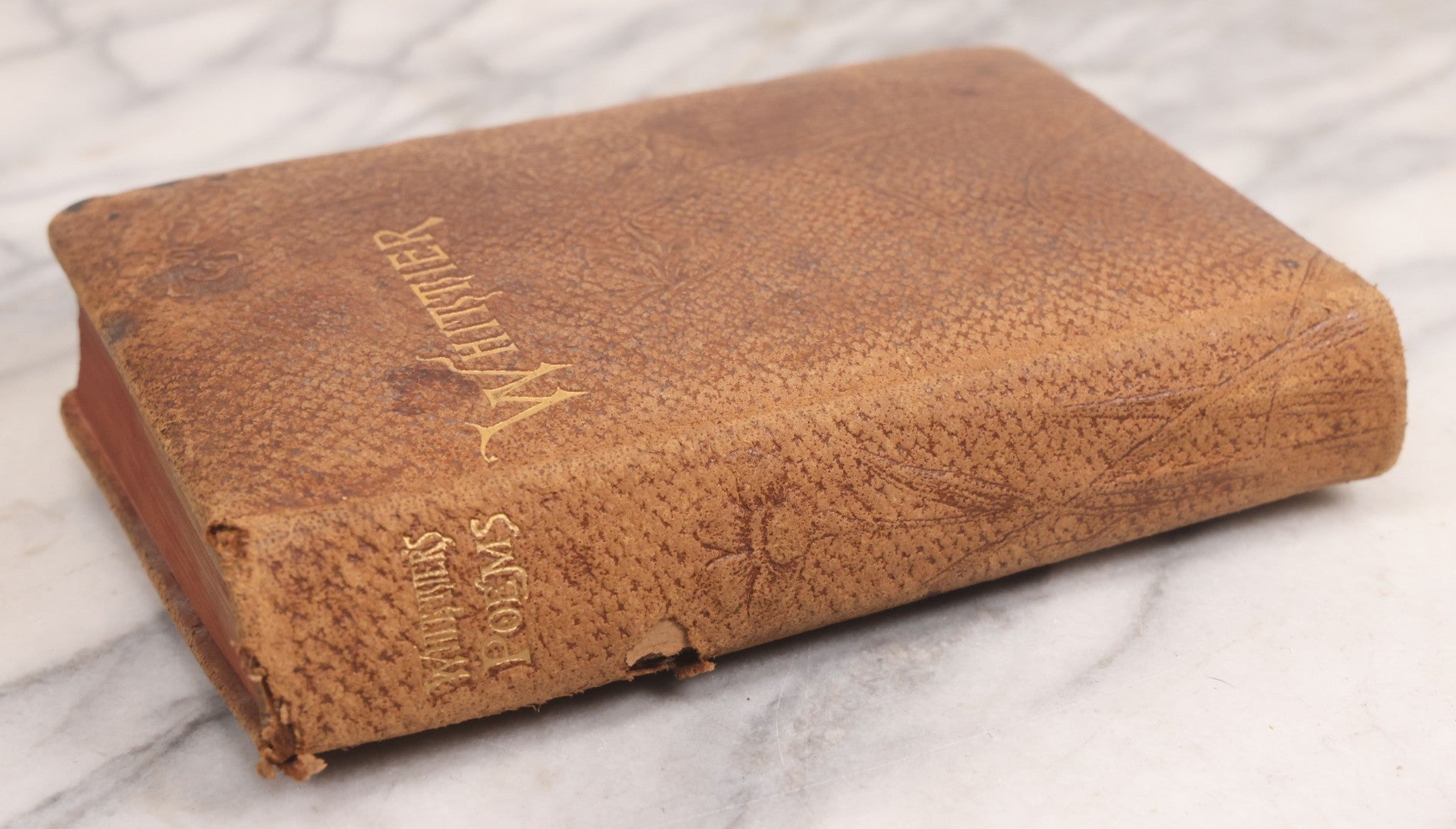 Lot 108 - Whittier's Poems Antique Poetry Book With Leather Cover, Gold Embossed Lettering And Embossed Flower Design On Covers And Spine, With Engraved Portrait Of Whittier Frontispiece, Red And Gold Fore Edge, Hurst And Company, Publishers, New York